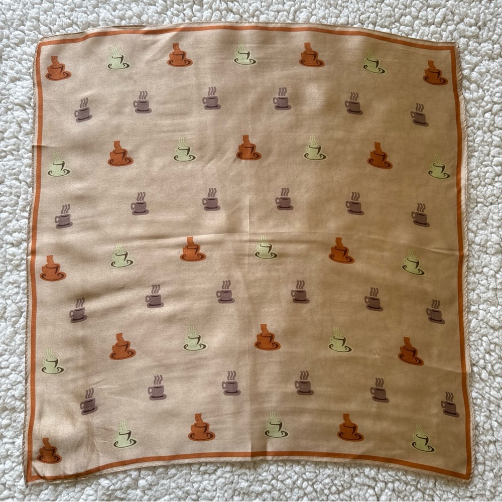 Peck & Peck Coffee Cup Print Scarf in Brown and Green Silk